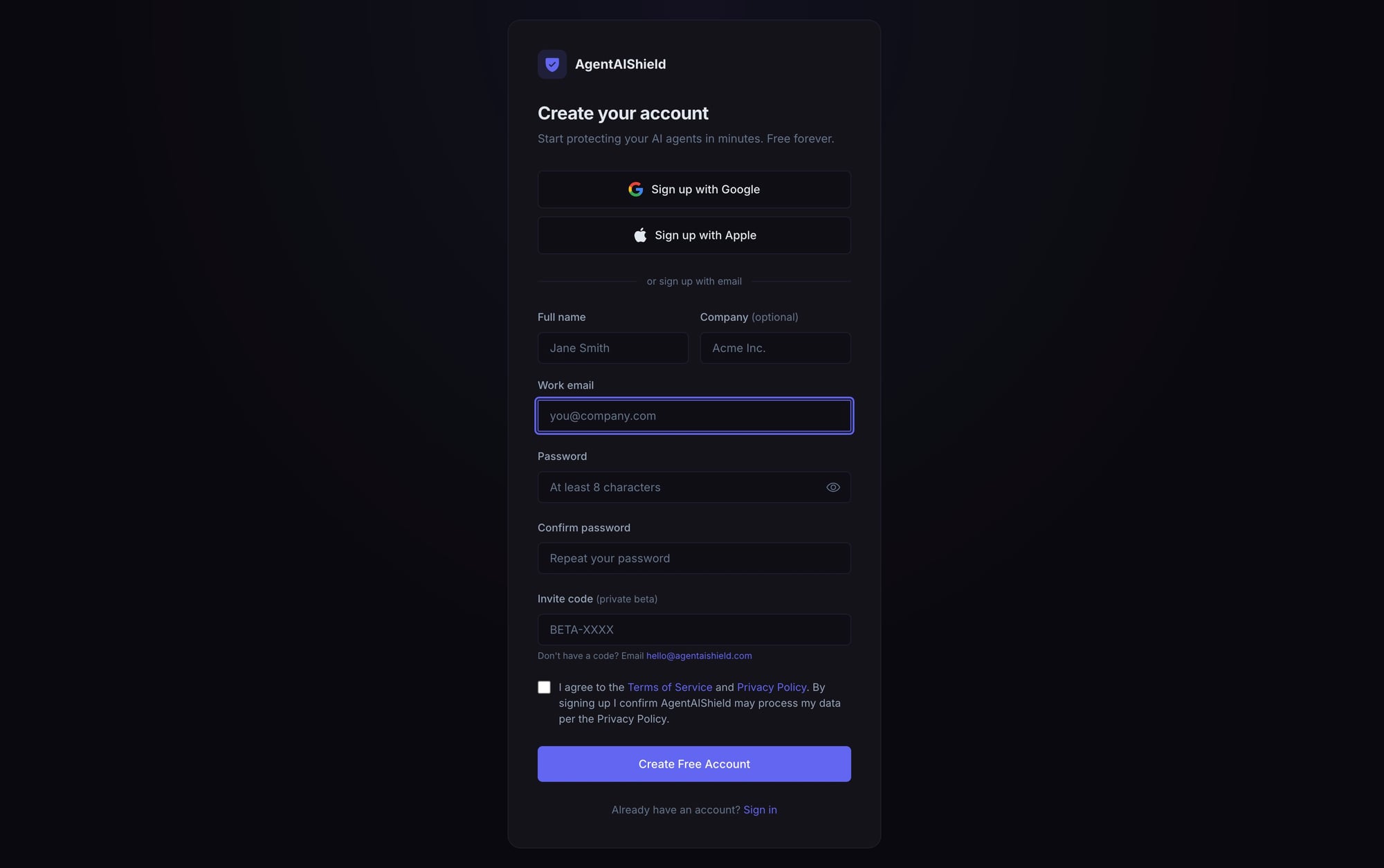 AgentAIShield Signup Page